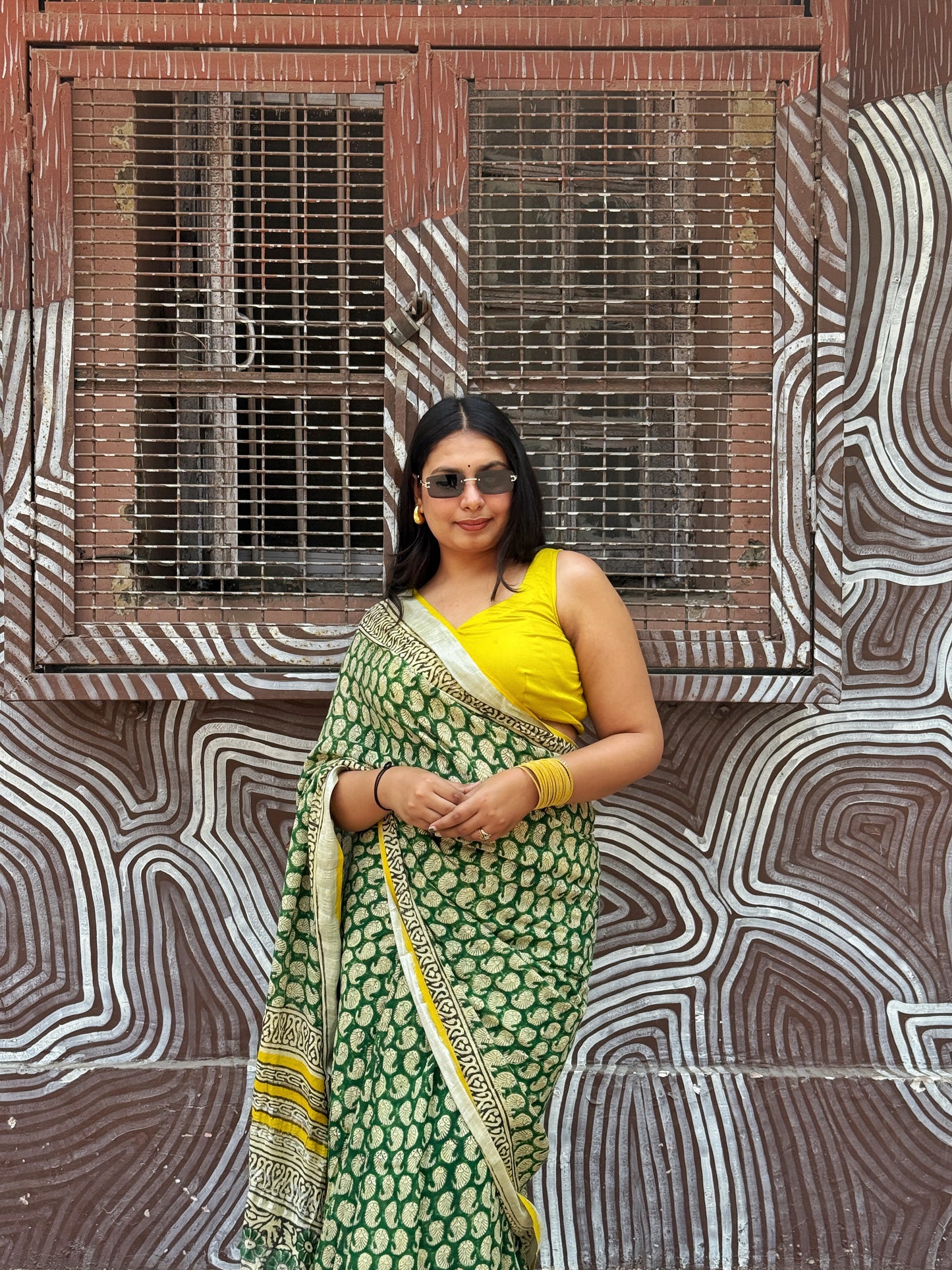 Kairi - Green Hand Block Printed Cotton Linen Saree