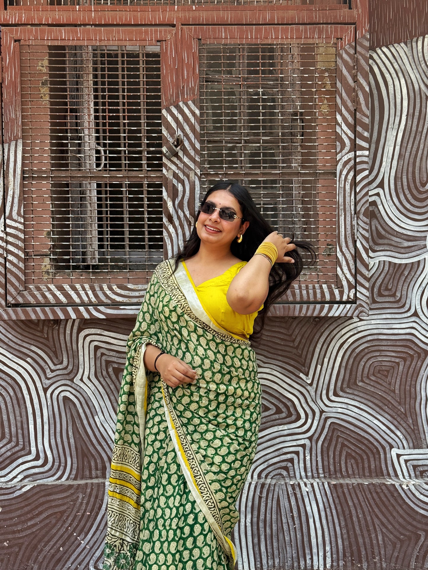 Kairi - Green Hand Block Printed Cotton Linen Saree