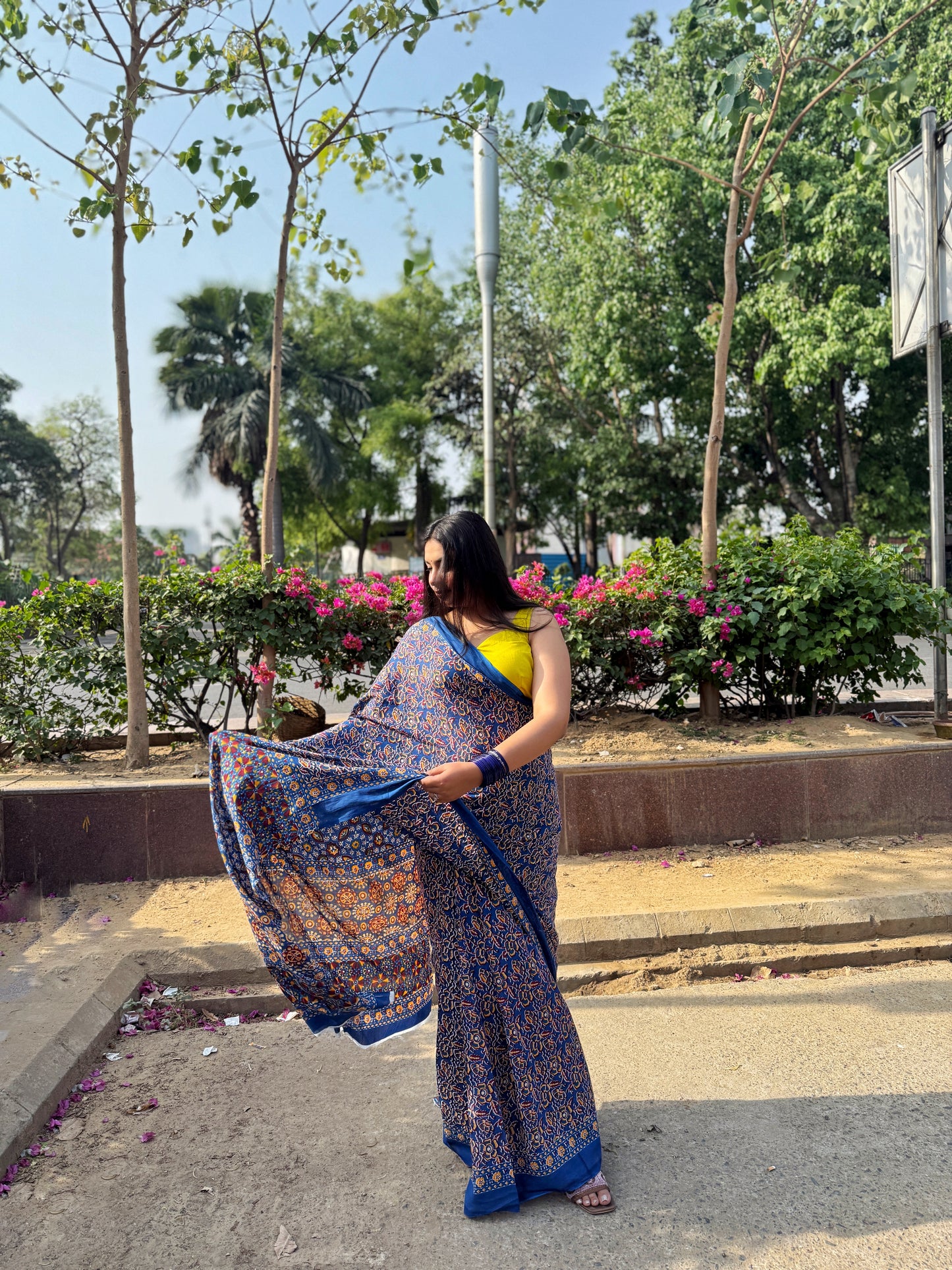 Pushpkala - Blue Hand Block Printed Cotton Mulmul Saree