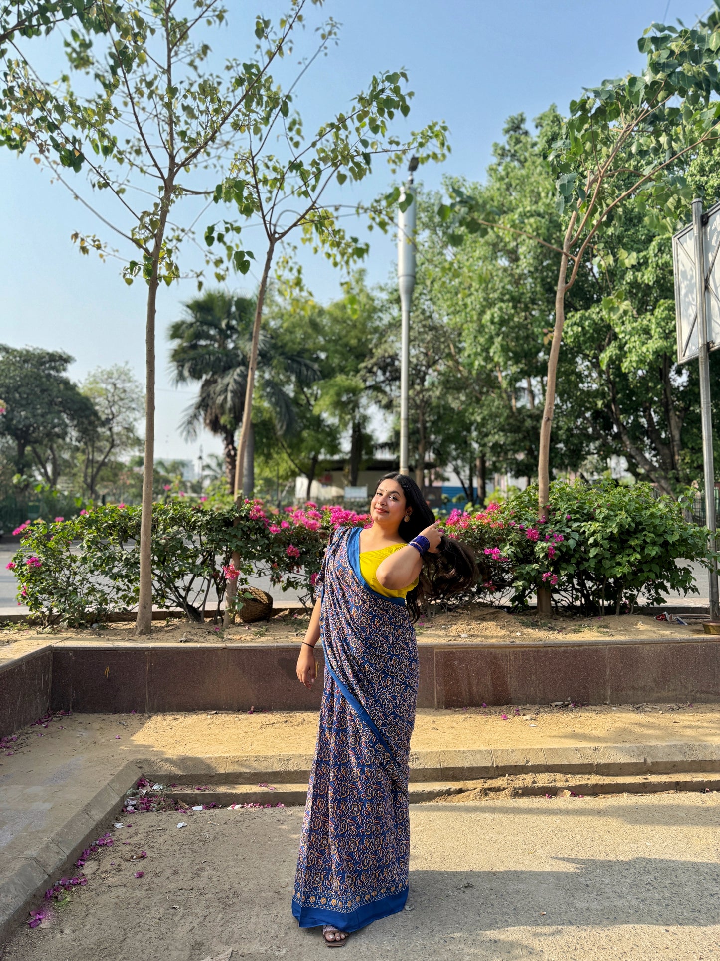 Pushpkala - Blue Hand Block Printed Cotton Mulmul Saree