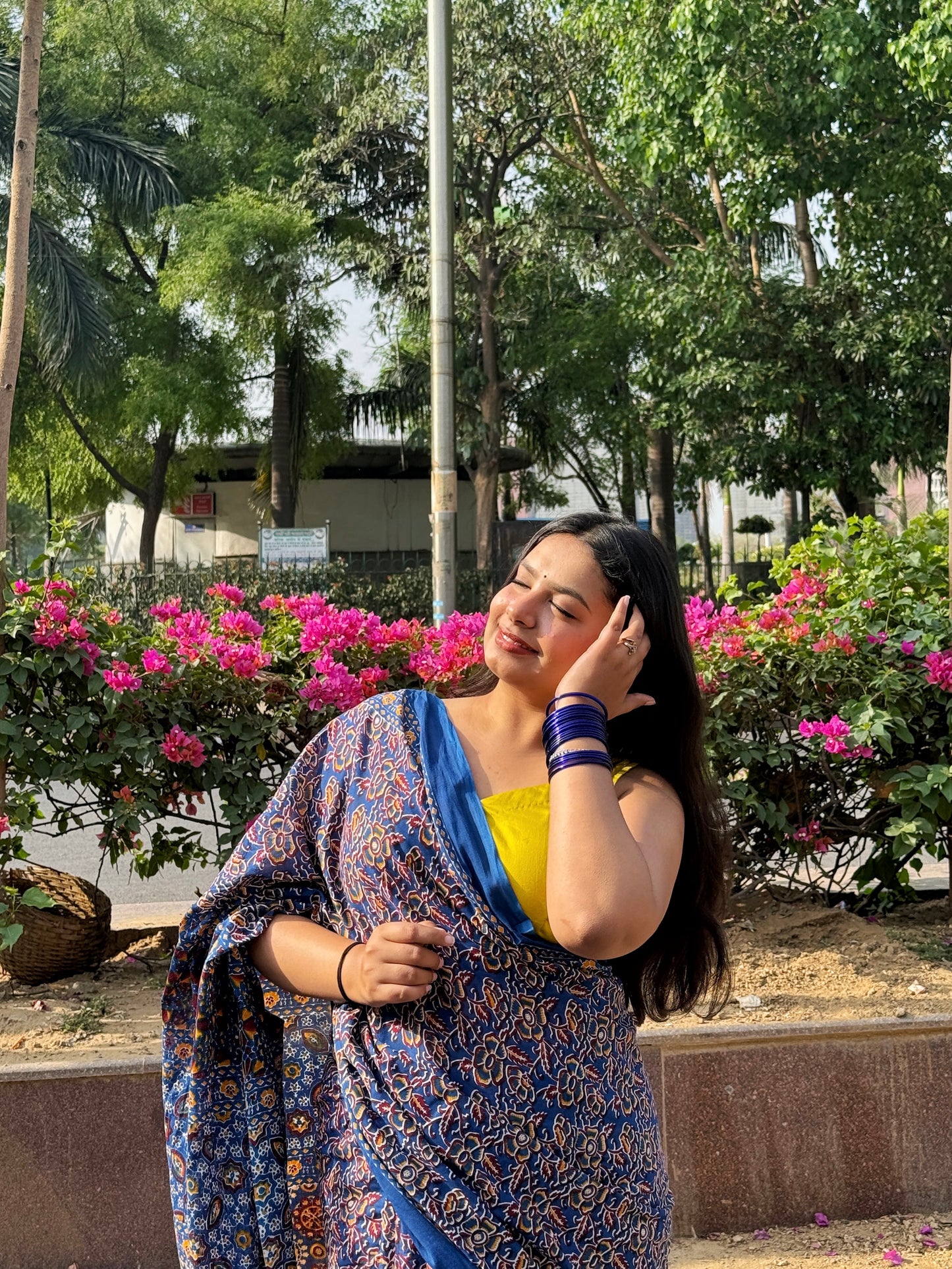 Pushpkala - Blue Hand Block Printed Cotton Mulmul Saree