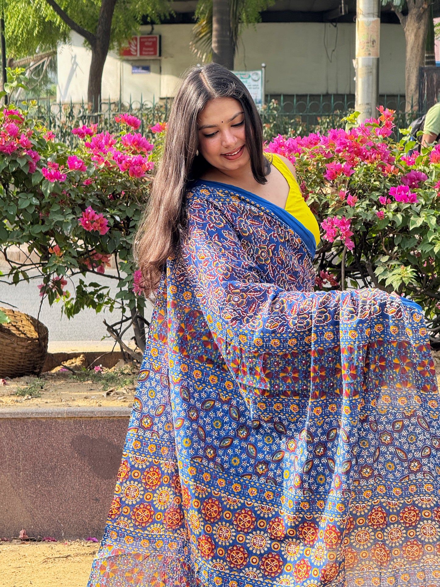 Pushpkala - Blue Hand Block Printed Cotton Mulmul Saree