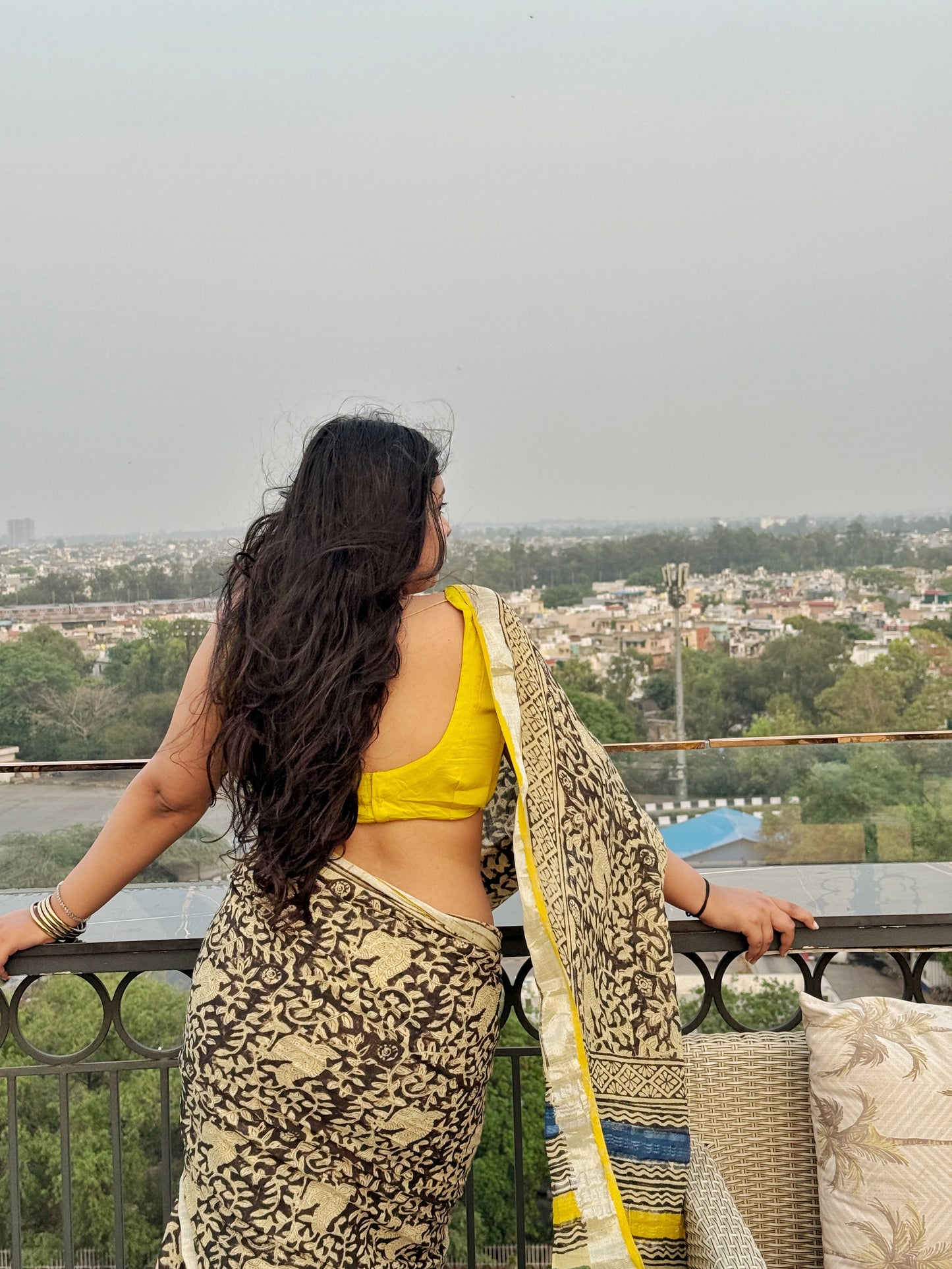 Zoya - Black Hand Block Printed Cotton Linen Saree