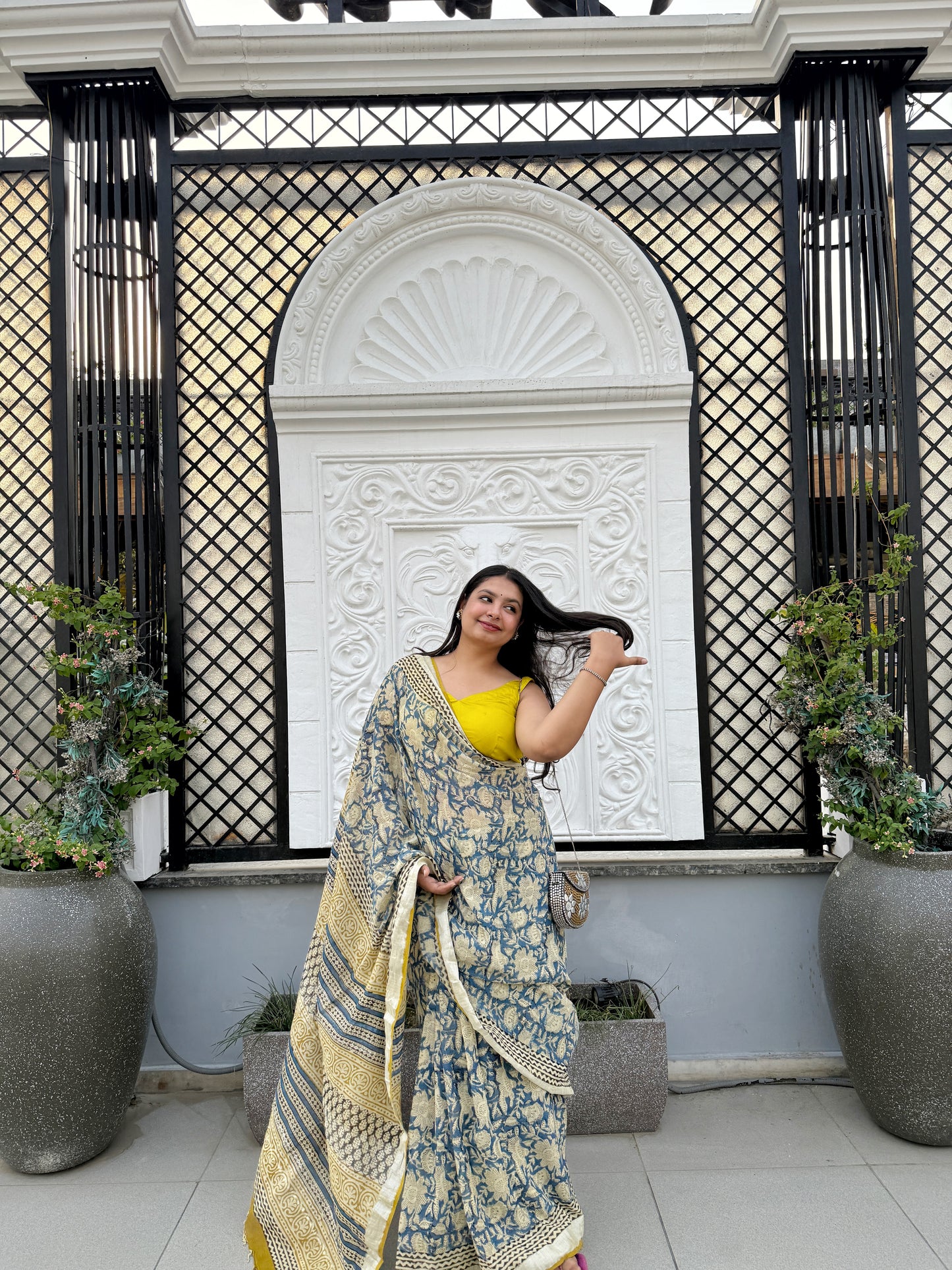 Mehboob - Blue Hand Block Printed Cotton Linen Saree