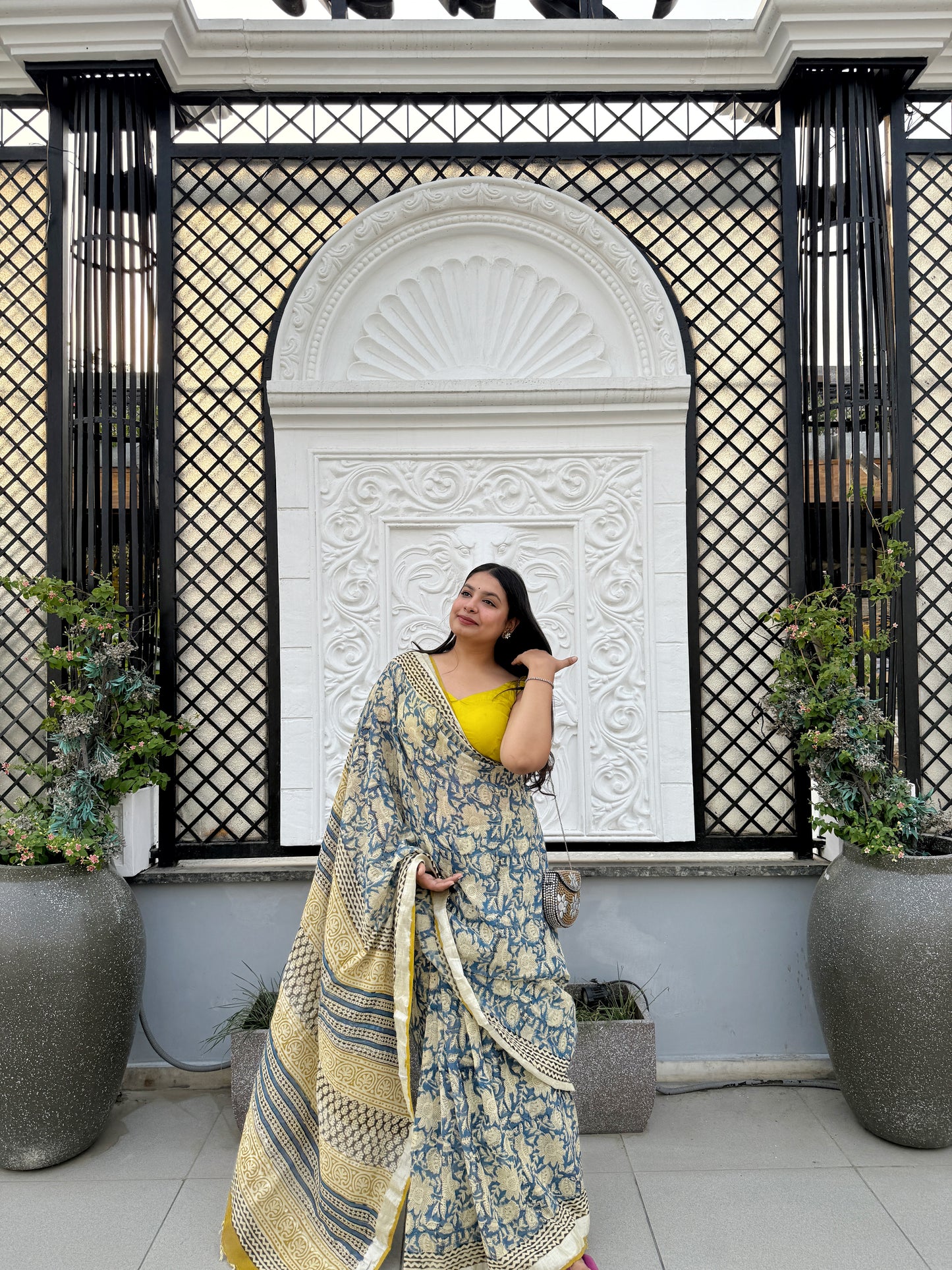 Mehboob - Blue Hand Block Printed Cotton Linen Saree
