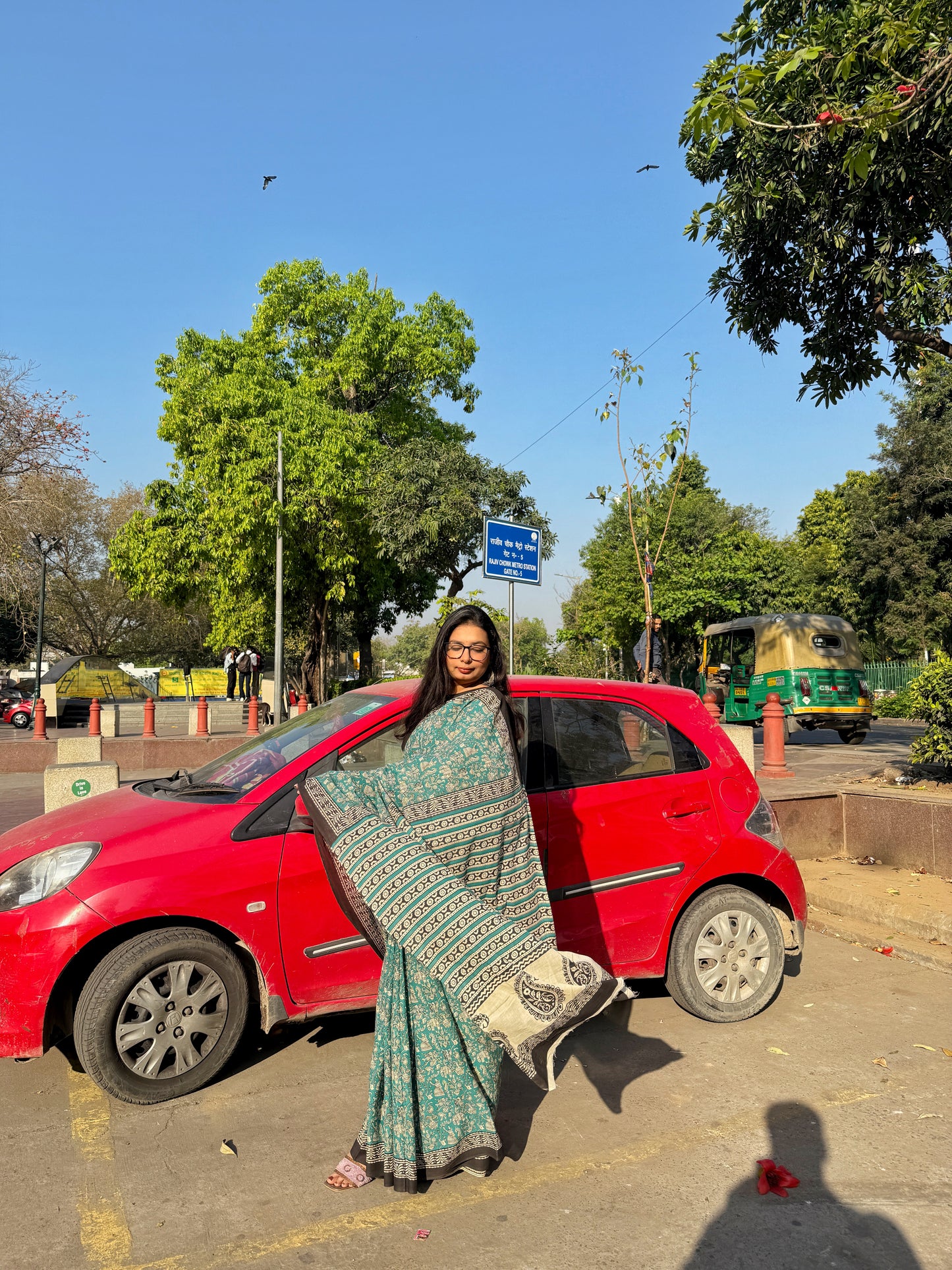 Leher - Teal Green Hand Block Printed Cotton Mulmul Saree