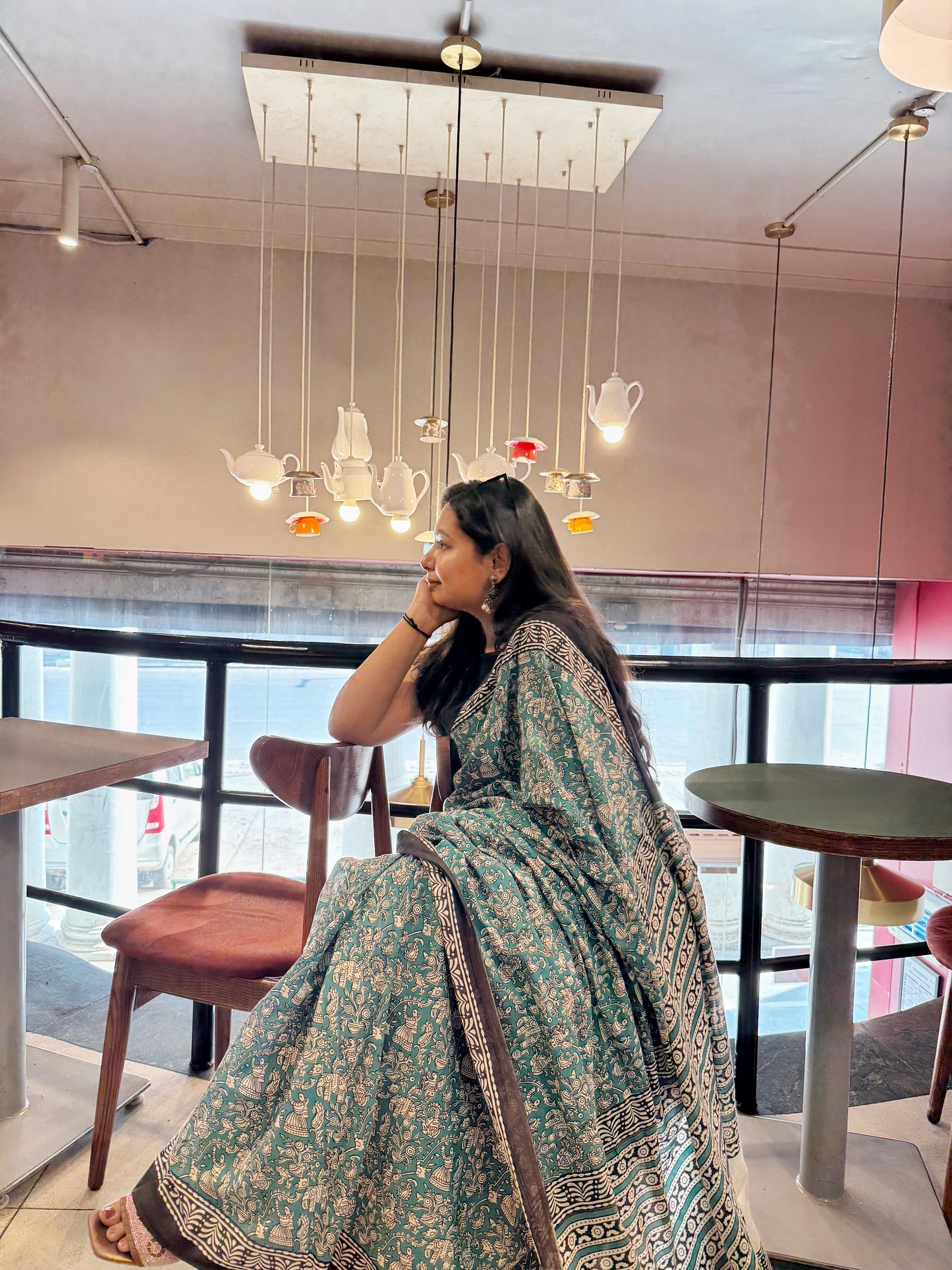 Leher - Teal Green Hand Block Printed Cotton Mulmul Saree