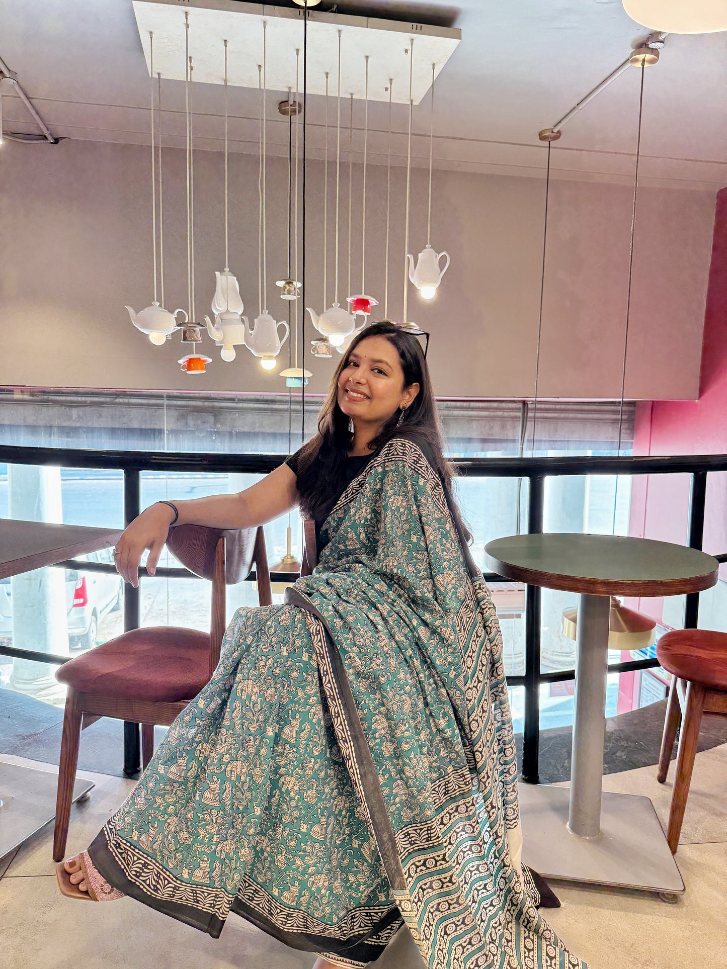 Leher - Teal Green Hand Block Printed Cotton Mulmul Saree
