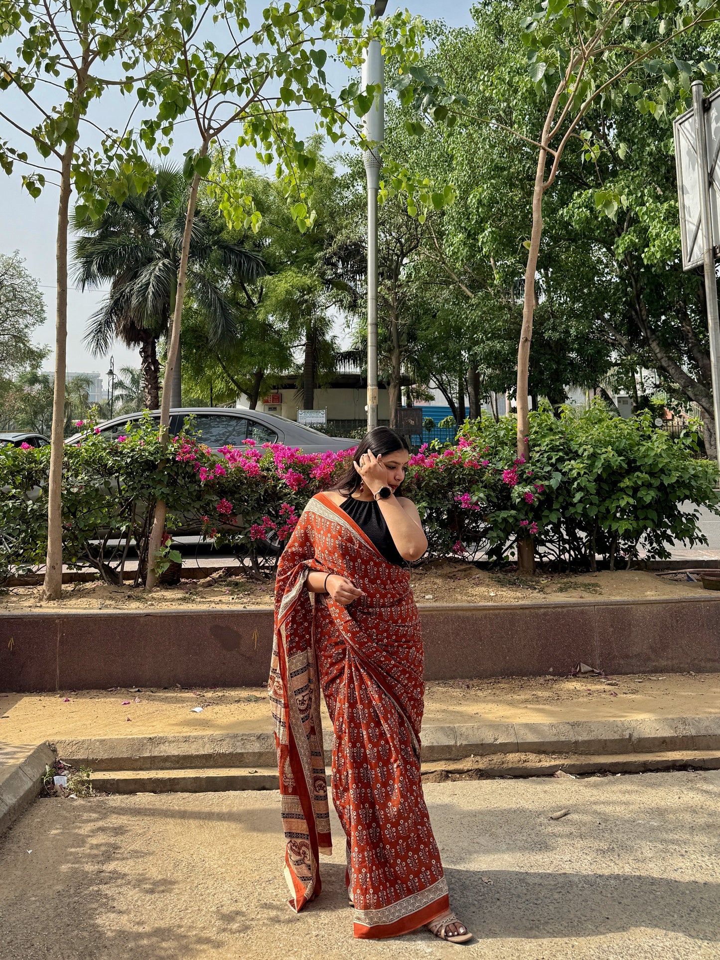Dhaani – Brown Hand Block Printed Mulmul Cotton Saree