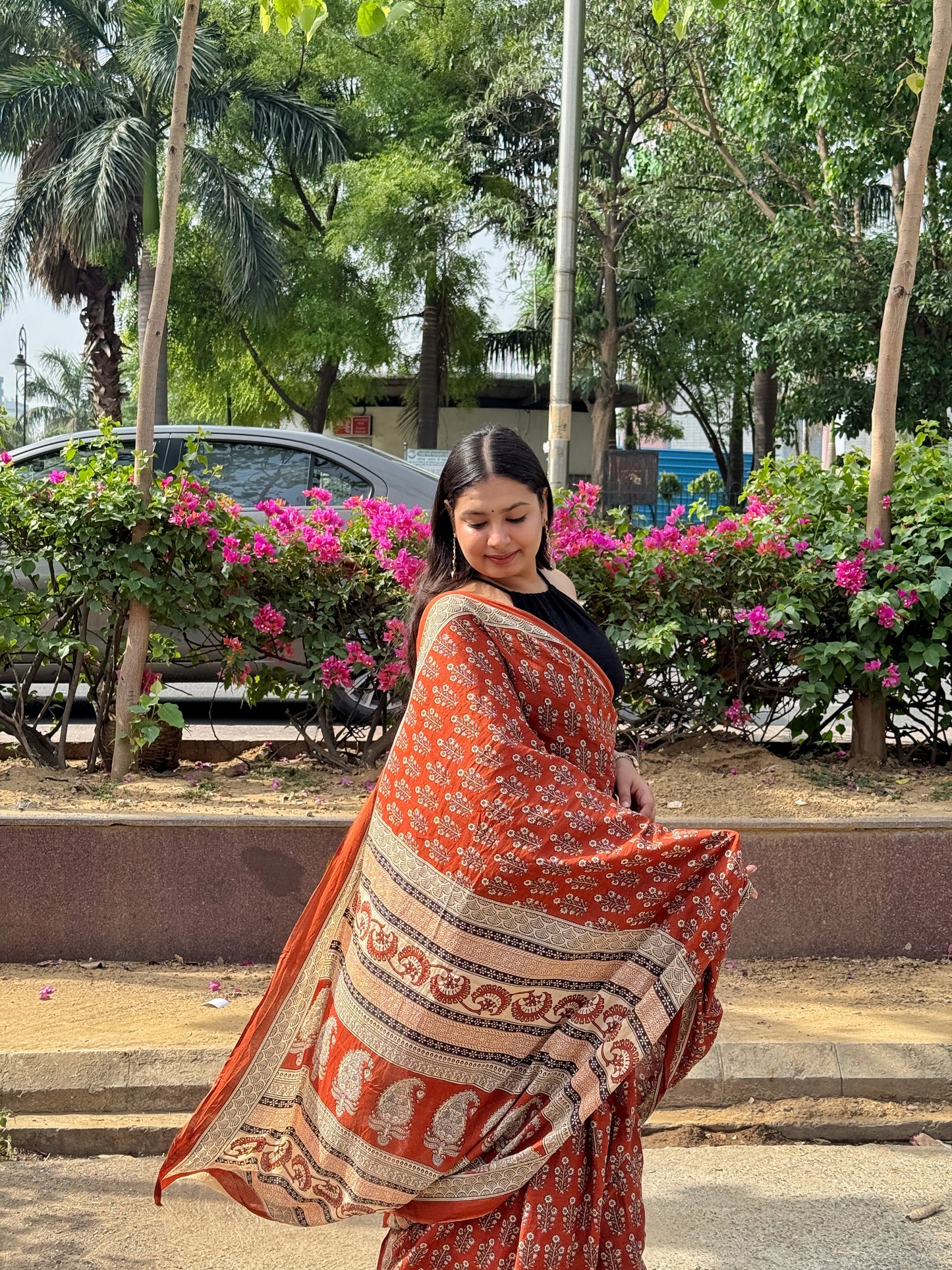 Dhaani – Brown Hand Block Printed Mulmul Cotton Saree