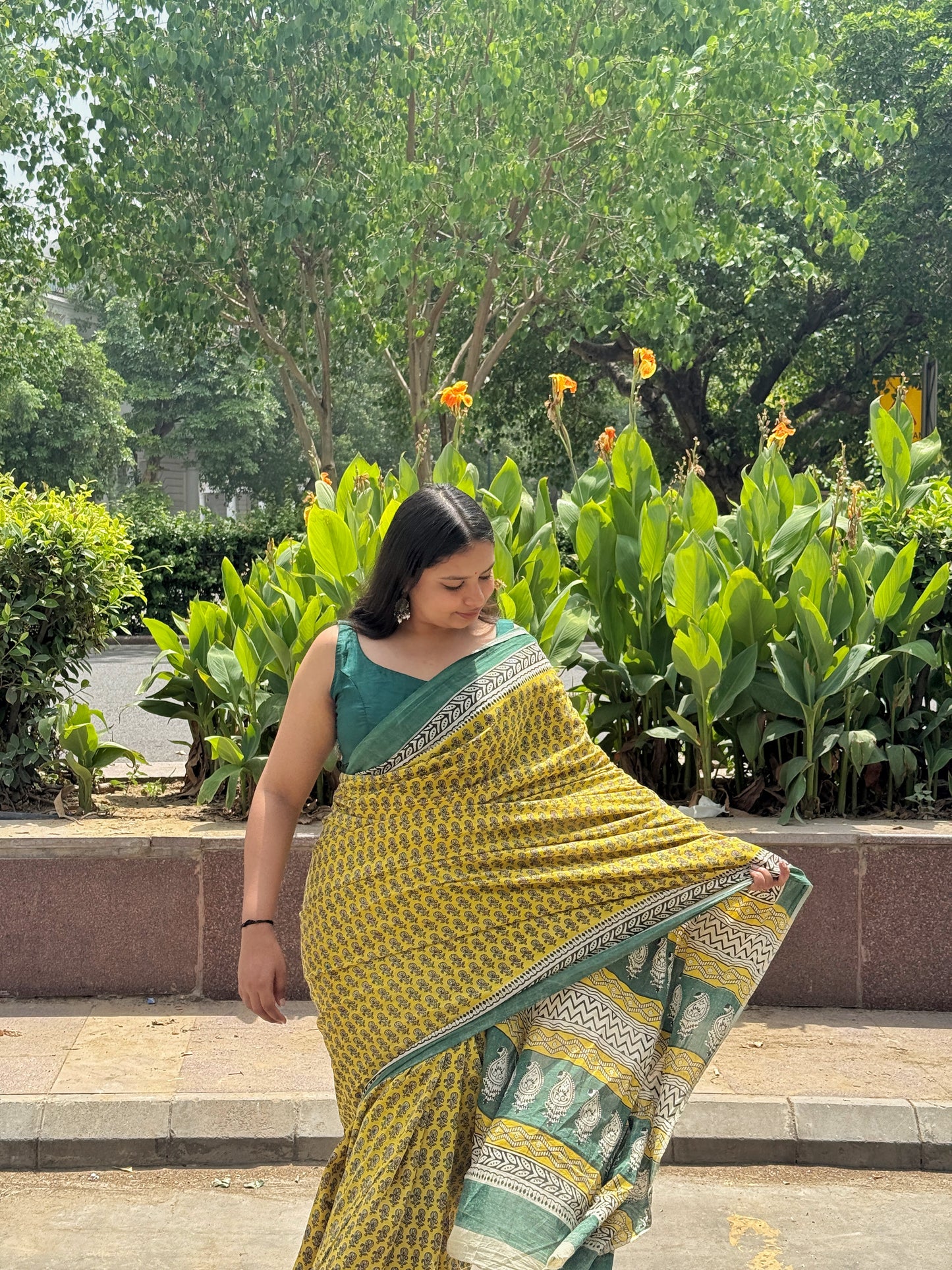 Noor - Yellow Hand Block Printed Cotton Mulmul Saree