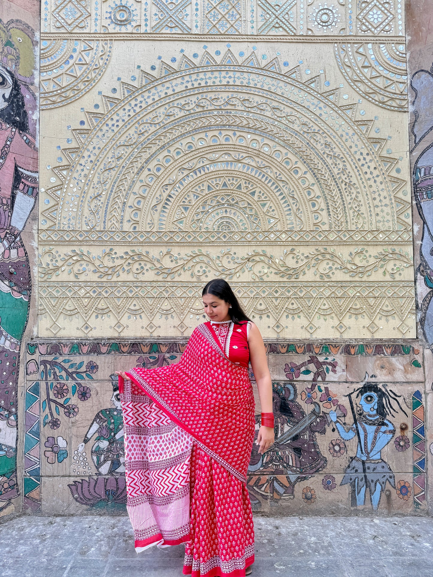 Sajni – Red Hand Block Printed Mulmul Cotton Saree
