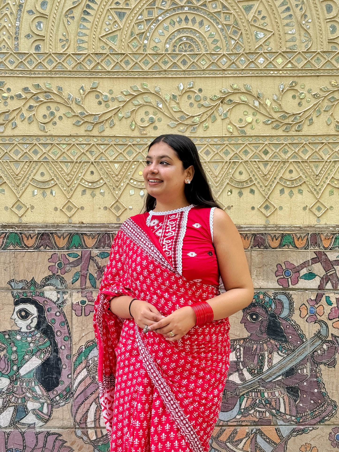 Sajni – Red Hand Block Printed Mulmul Cotton Saree