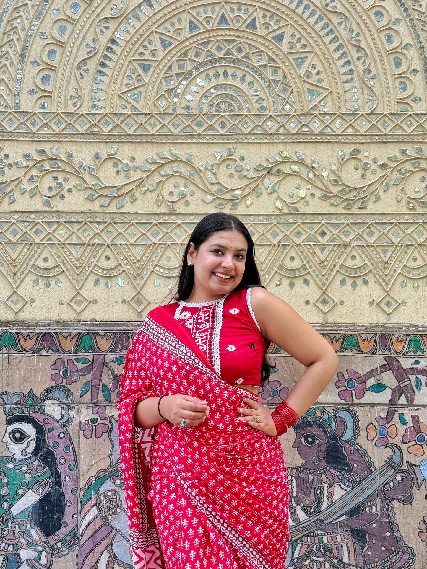 Sajni – Red Hand Block Printed Mulmul Cotton Saree