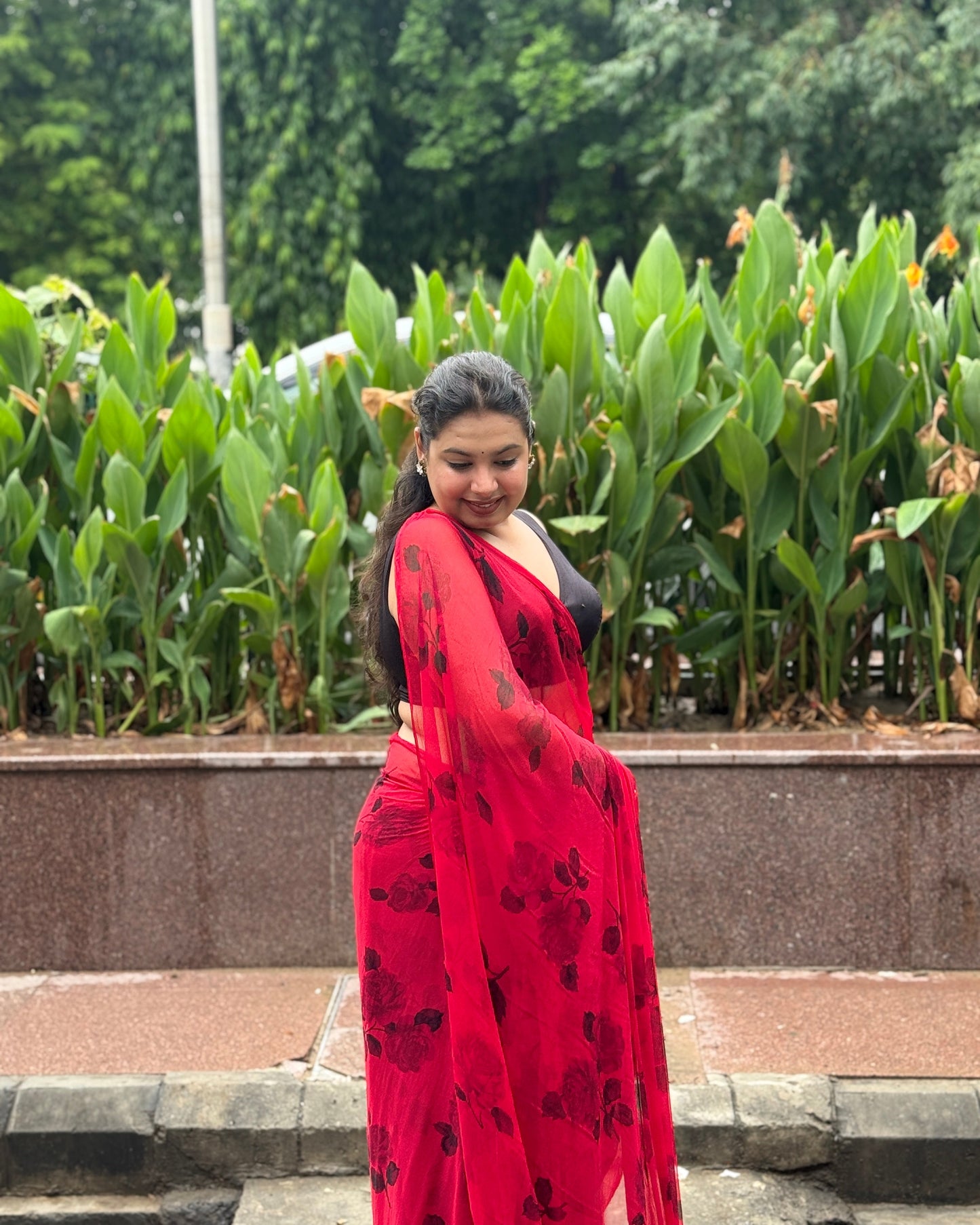 Scarlet Love: Red Printed Pure Chiffon Saree