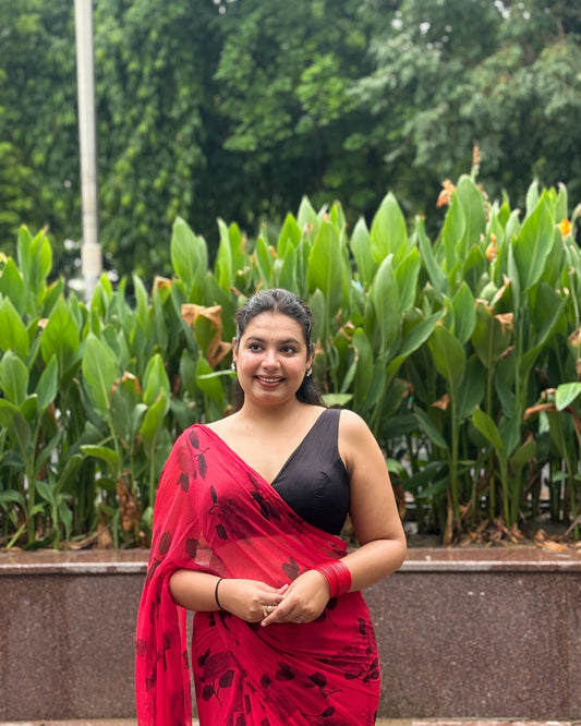 Scarlet Love: Red Printed Pure Chiffon Saree