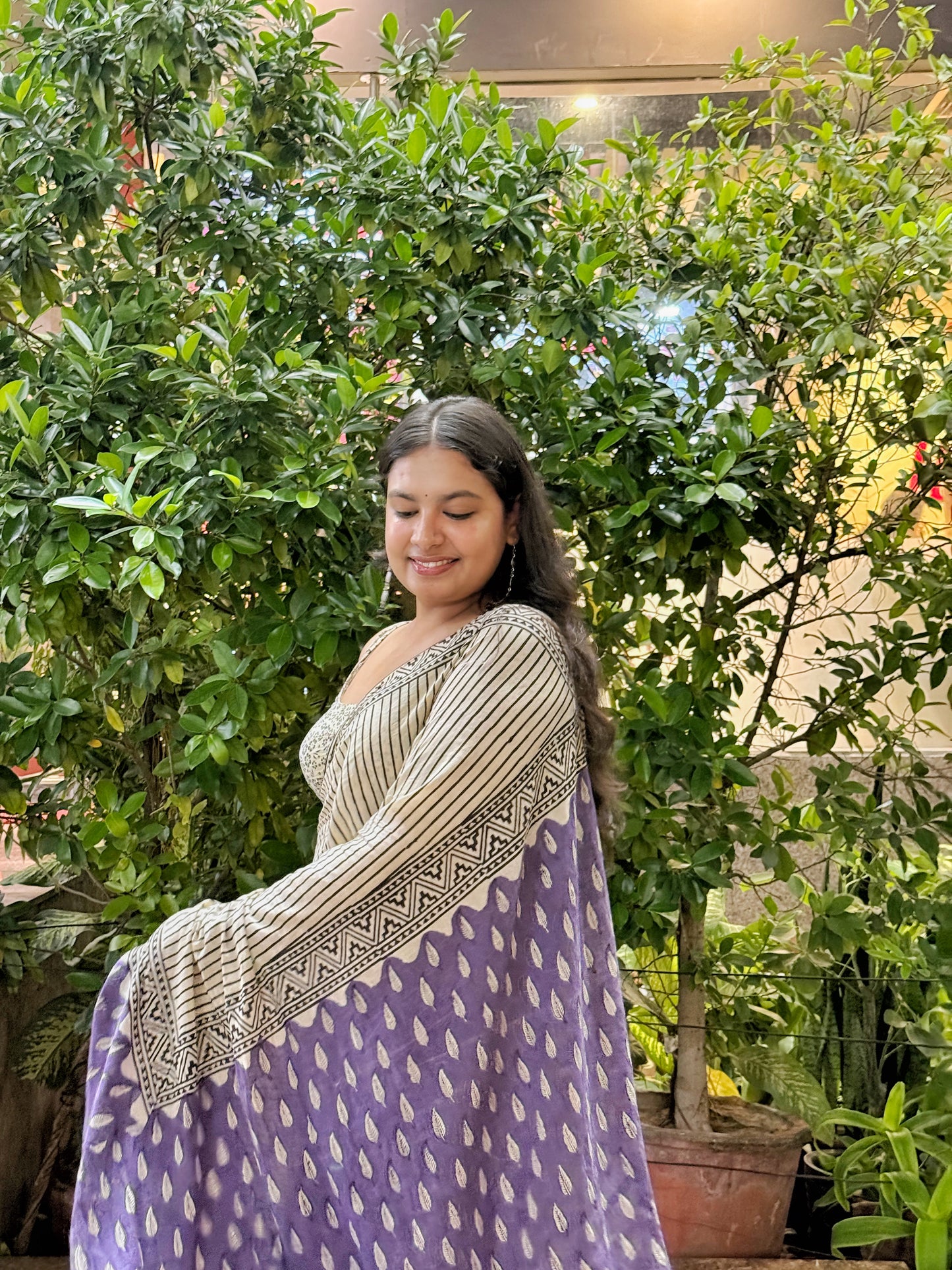 Nayra - Stripes Hand Block Printed Cotton Mulmul Saree