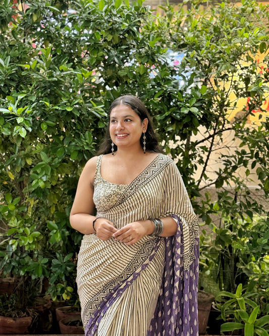 Nayra - Stripes Hand Block Printed Cotton Mulmul Saree