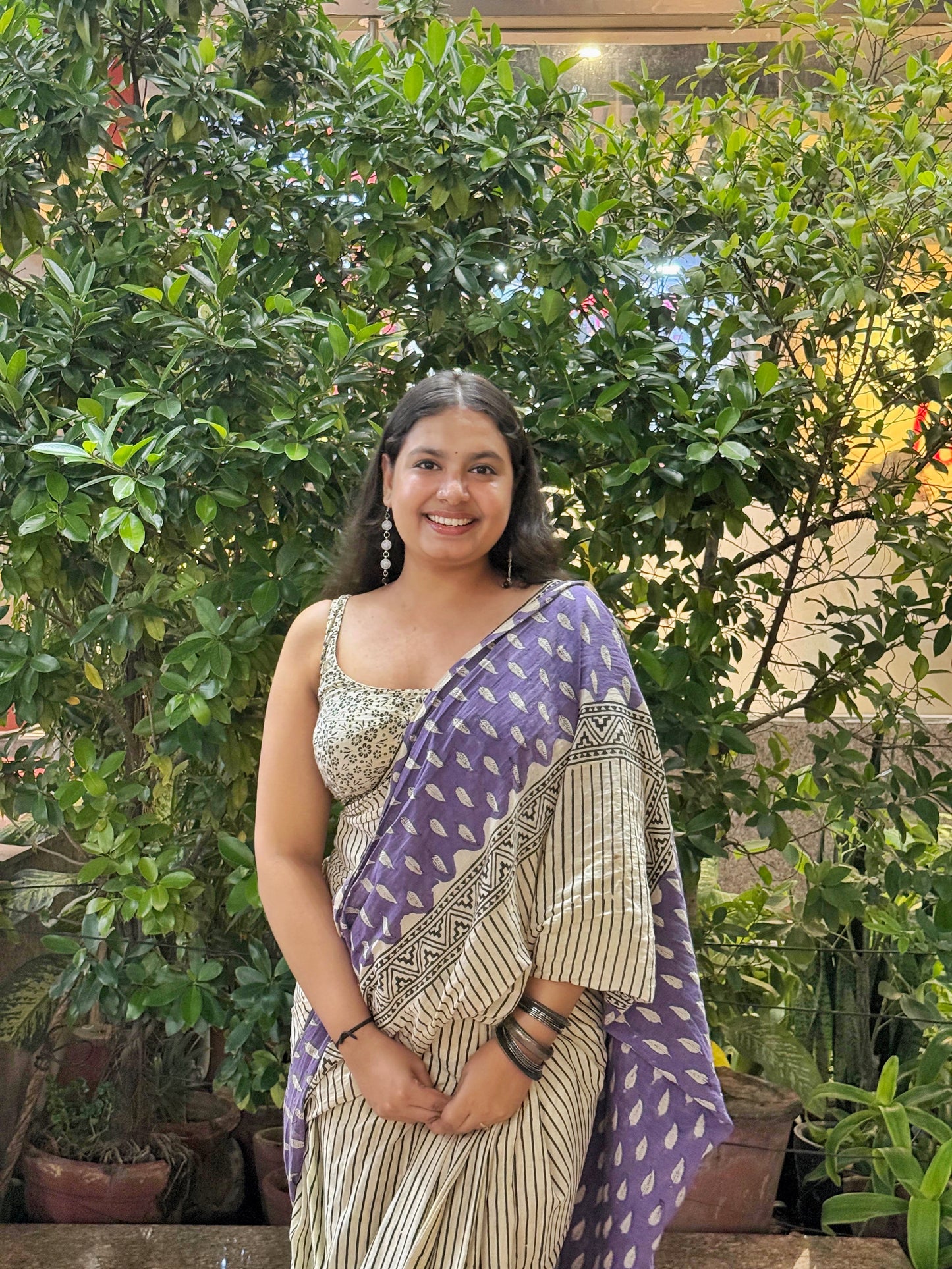 Nayra - Stripes Hand Block Printed Cotton Mulmul Saree