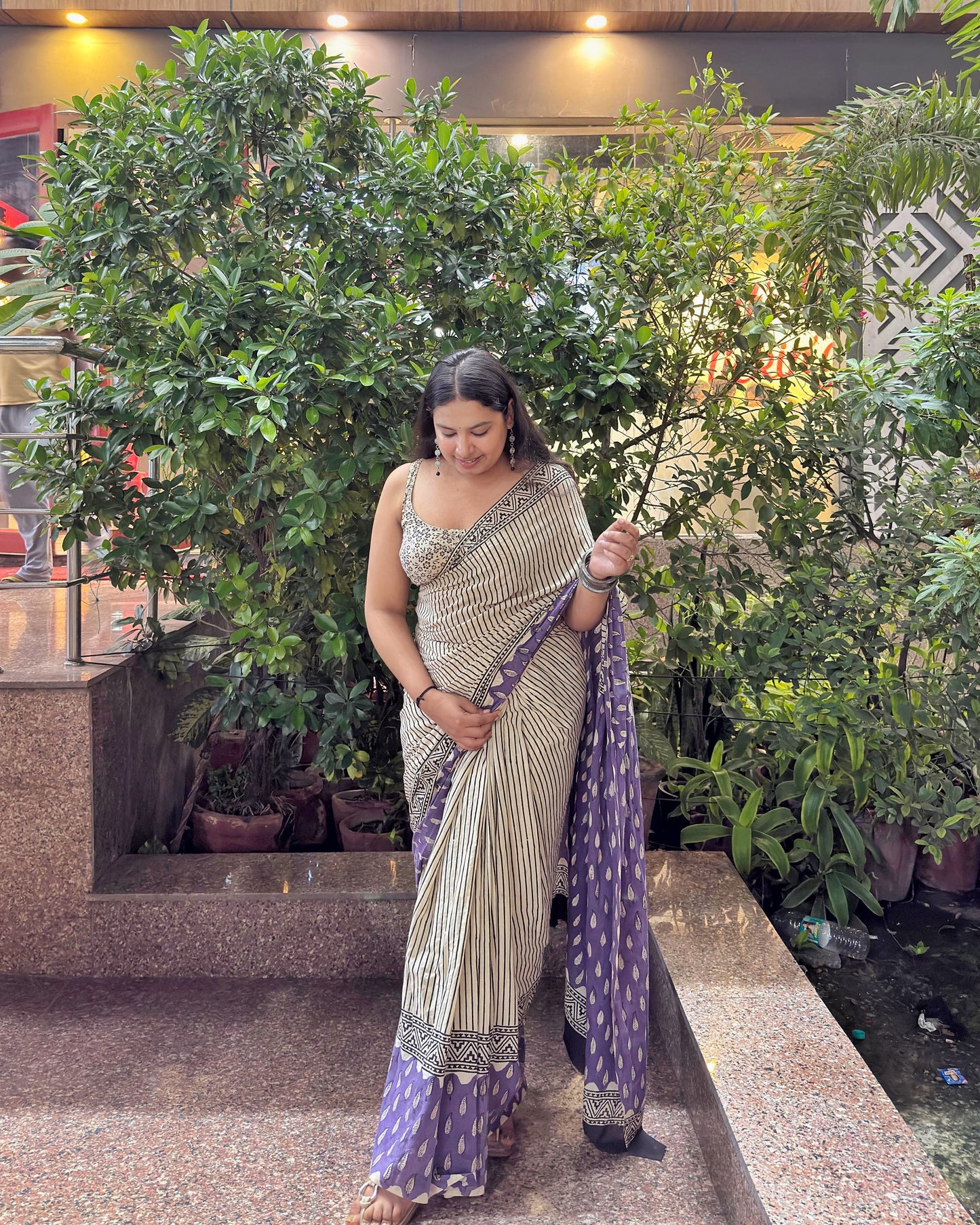 Nayra - Stripes Hand Block Printed Cotton Mulmul Saree