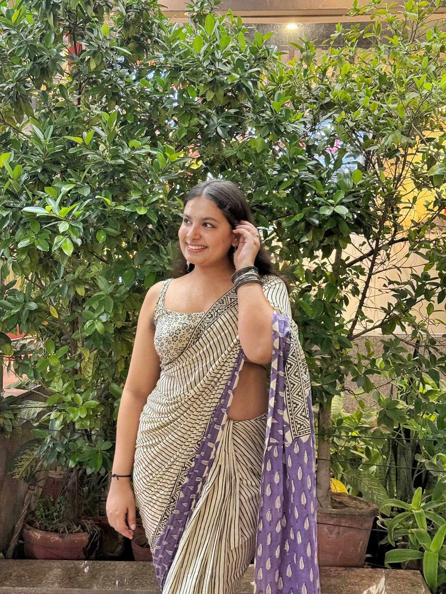 Nayra - Stripes Hand Block Printed Cotton Mulmul Saree