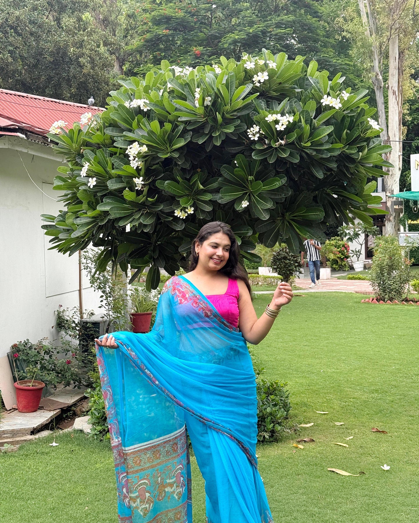 Tarani: Blue Printed Pure Chiffon Saree