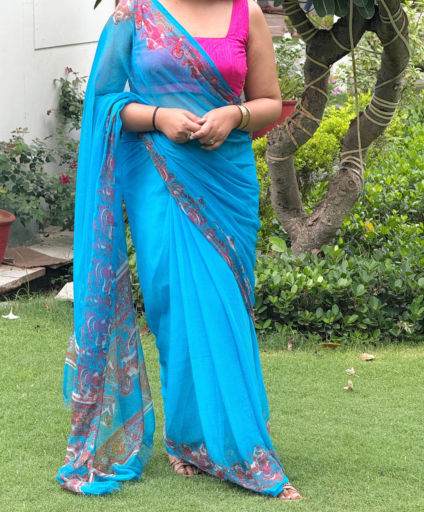 Tarani: Blue Printed Pure Chiffon Saree