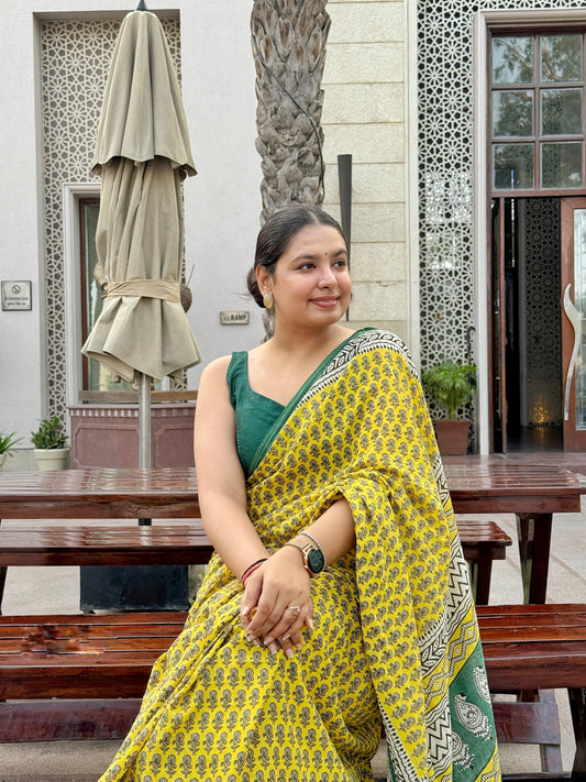 Noor - Yellow Hand Block Printed Cotton Mulmul Saree