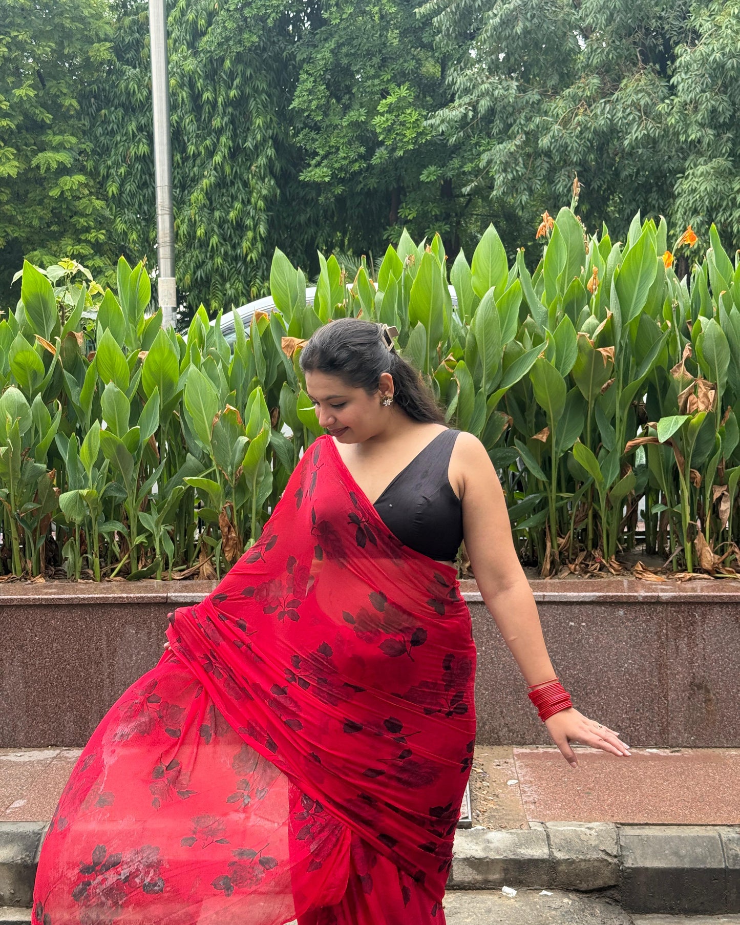 Scarlet Love: Red Printed Pure Chiffon Saree