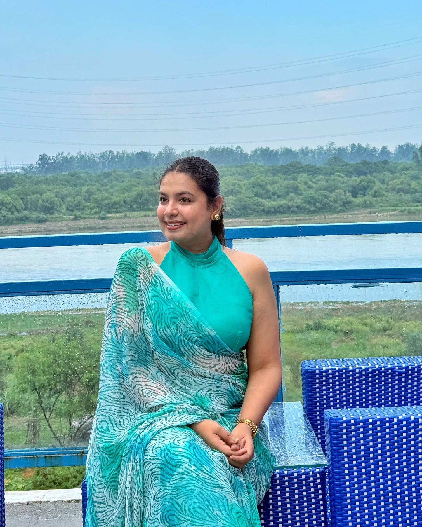 City Chic: Teal Animal Print Pure Chiffon Saree