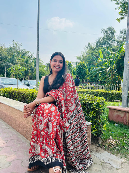 Mayuri - Maroon Hand Block Printed Cotton Mulmul Saree