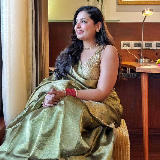 Mohini: Royal Olive Tissue Silk Saree