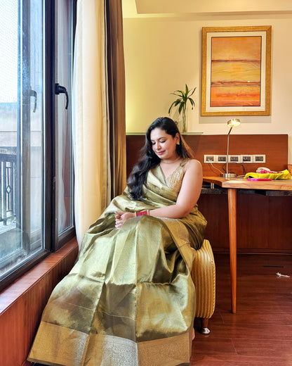Mohini: Royal Olive Tissue Silk Saree