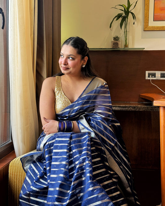 Rekha: Royal Blue Tissue Silk Saree