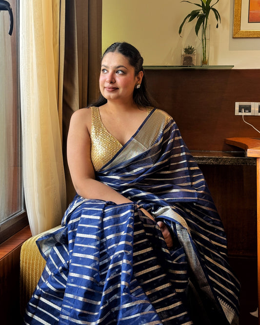 Rekha: Royal Blue Tissue Silk Saree