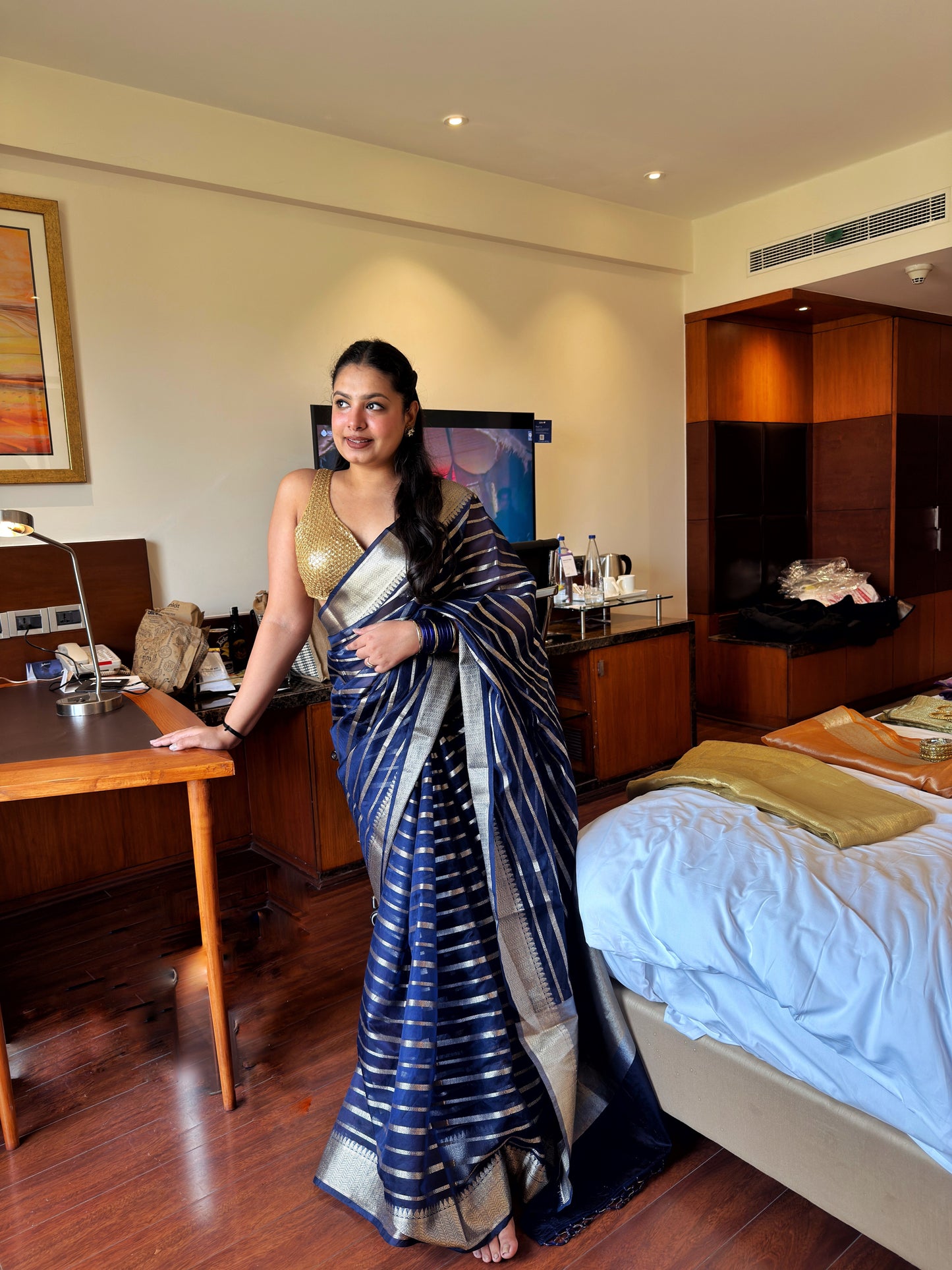 Rekha: Royal Blue Tissue Silk Saree
