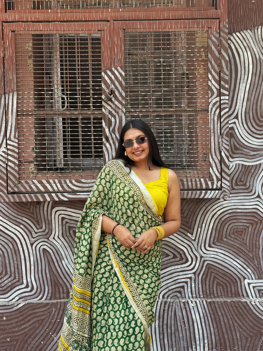 Kairi - Green Hand Block Printed Cotton Linen Saree