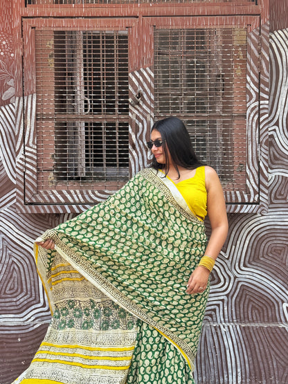 Kairi - Green Hand Block Printed Cotton Linen Saree