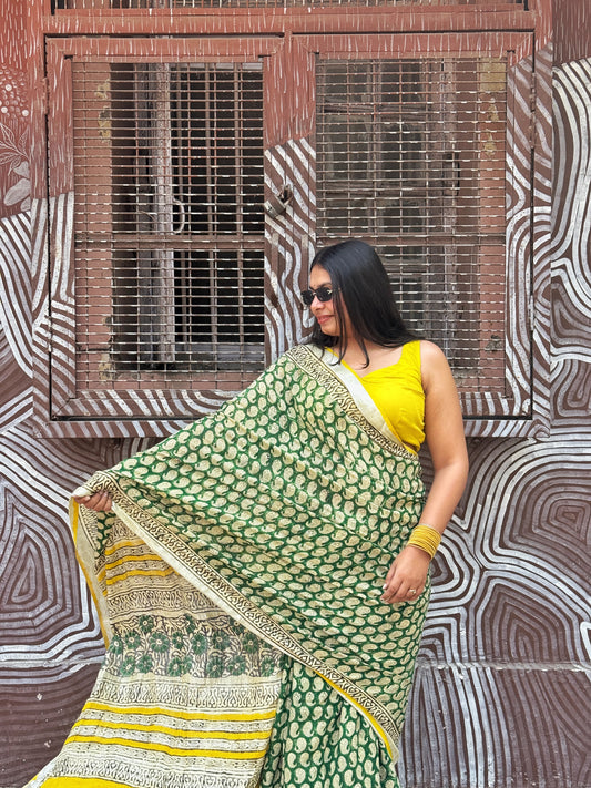 Kairi - Green Hand Block Printed Cotton Linen Saree