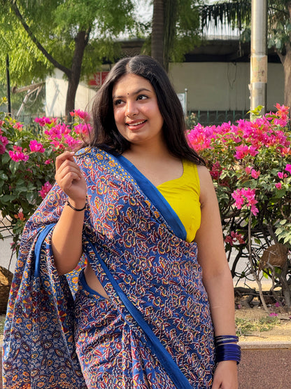 Pushpkala - Blue Hand Block Printed Cotton Mulmul Saree