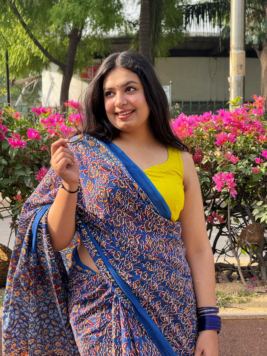 Pushpkala - Blue Hand Block Printed Cotton Mulmul Saree