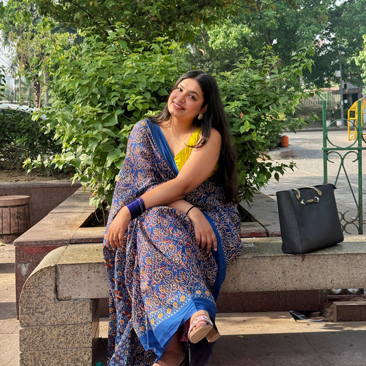 Pushpkala - Blue Hand Block Printed Cotton Mulmul Saree