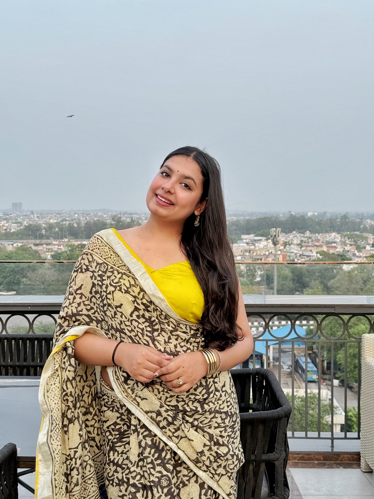 Zoya - Black Hand Block Printed Cotton Linen Saree