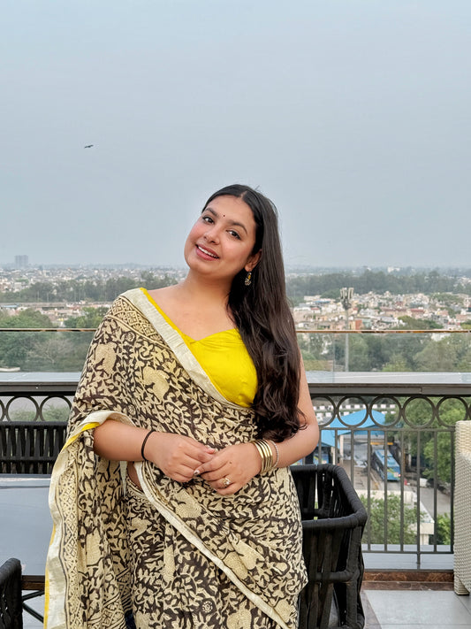 Zoya - Black Hand Block Printed Cotton Linen Saree
