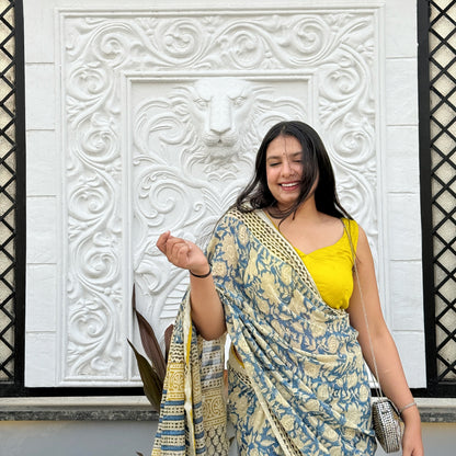 Mehboob - Blue Hand Block Printed Cotton Linen Saree
