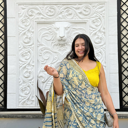 Mehboob - Blue Hand Block Printed Cotton Linen Saree