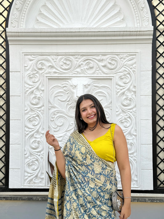 Mehboob - Blue Hand Block Printed Cotton Linen Saree