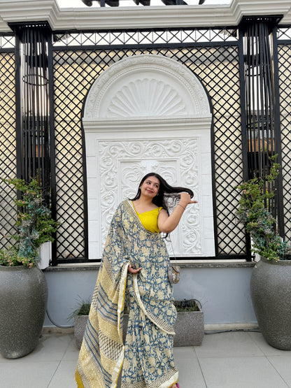 Mehboob - Blue Hand Block Printed Cotton Linen Saree
