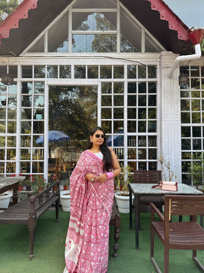 Roohani - Pink Hand Block Printed Cotton Mulmul Saree