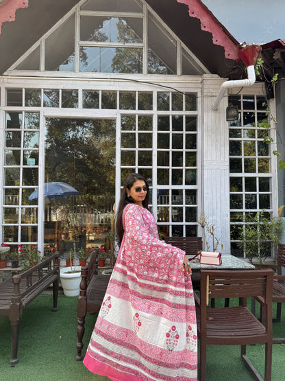 Roohani - Pink Hand Block Printed Cotton Mulmul Saree